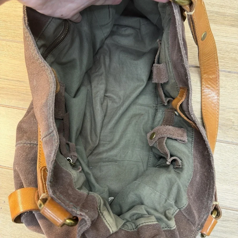 LUCKY BRAND Large Tote Brown Suede Leather Boho Hobo Hippie Drawstring Handbag